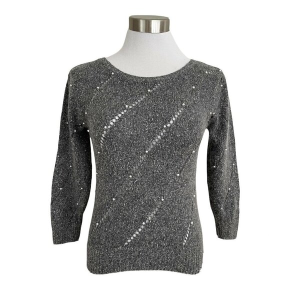 Vintage 80s Silk Angora Sweater Gray Tweed Open Knit Pearl Beaded Puff Sleeve - Picture 1 of 9